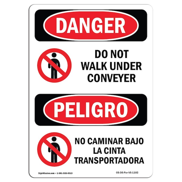 OSHA Sign, Do Not Walk Under Conveyor Bilingual, 18in X 12in Decal, 12" W, 18" H, Spanish